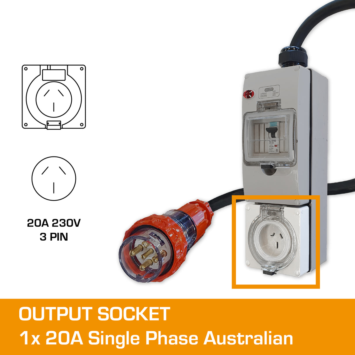 3 Phase to Single Phase Adaptor - 32A 5 Pin to 20A Flat Pin with RCBO