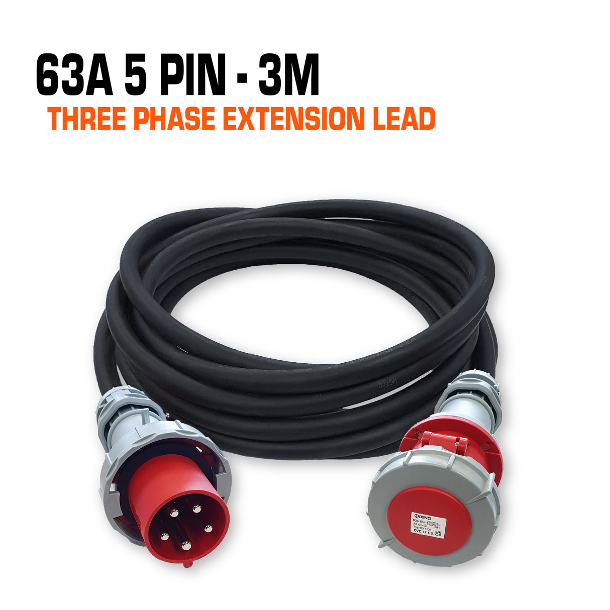 63 amp 3 phase ceeform extension lead 5 pin 3 metres