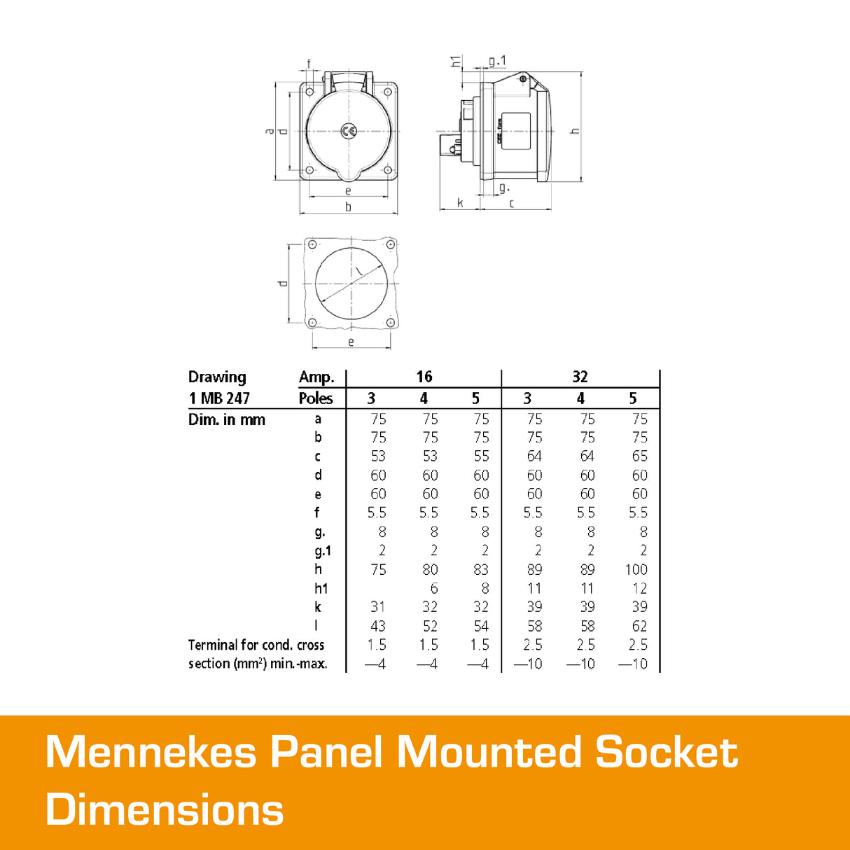MENNEKES 32A Panel Mounted Socket 3 PIN IP44