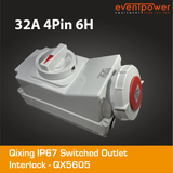 Qixing IP67 Switched socket outlet interlock - 32A 4 Pin QX5605