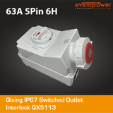 Qixing IP67 Switched Socket Outlet Interlock - 63A 5 Pin 6H QX5113