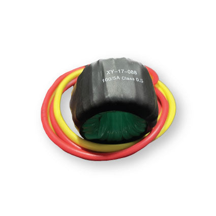 Current transformer with orange and yellow wire.