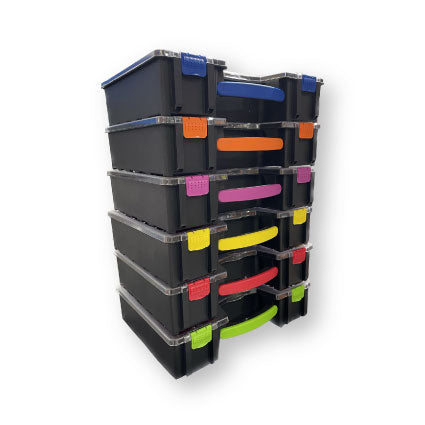 Compartment organiser storage toolbox stacked different colours.