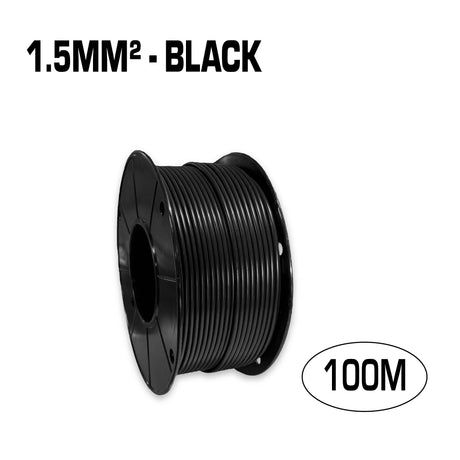 Single core 1.5mm² black flexible electrical wire cable, 100 metres.