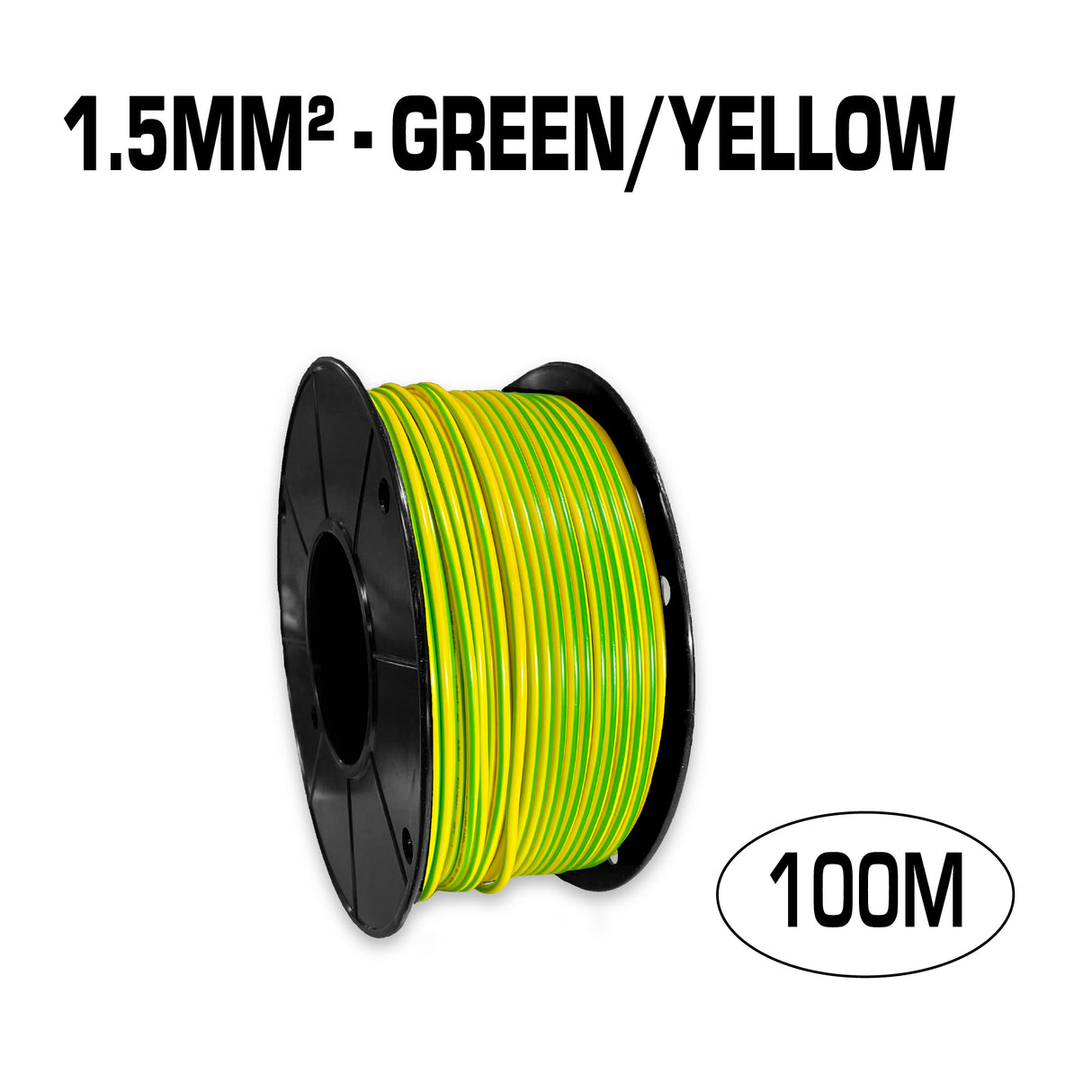 Single core 1.5mm² green and yellow flexible electrical wire cable, 100 metres.