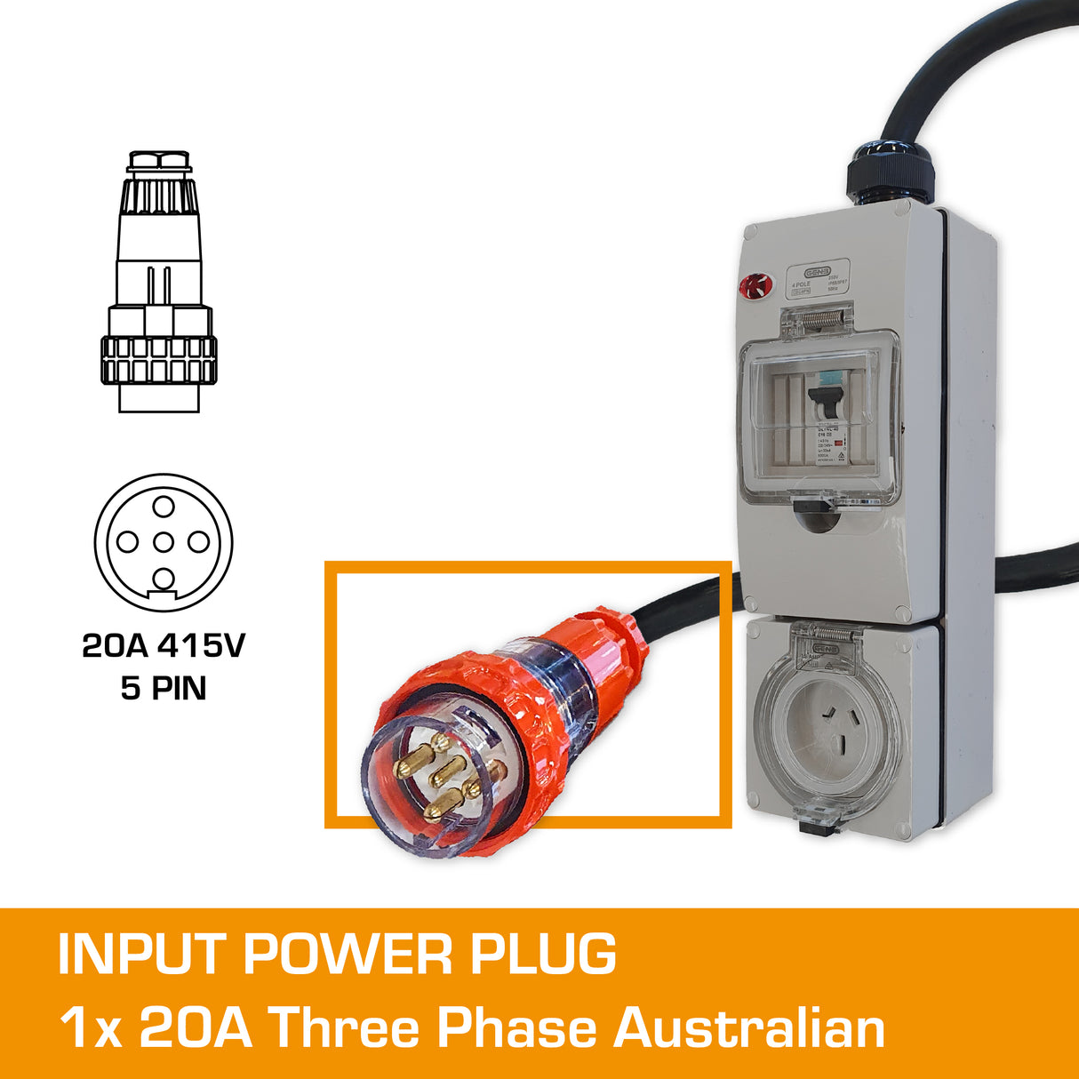 3 Phase to Single Phase Adaptor - 20A 5 Pin to 10A Flat Pin with RCBO