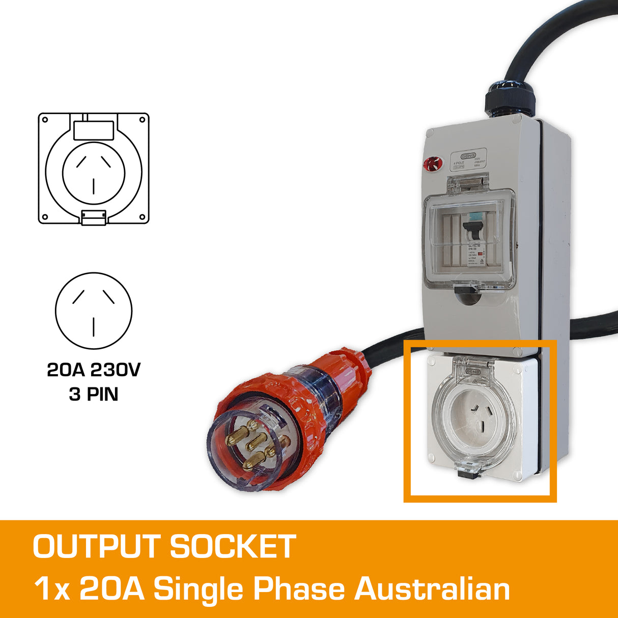 3 Phase to Single Phase Adaptor - 20A 5 Pin to 20A Flat Pin with RCBO