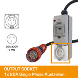 3 Phase to Single Phase Adaptor - 20A 5 Pin to 20A Flat Pin with RCBO