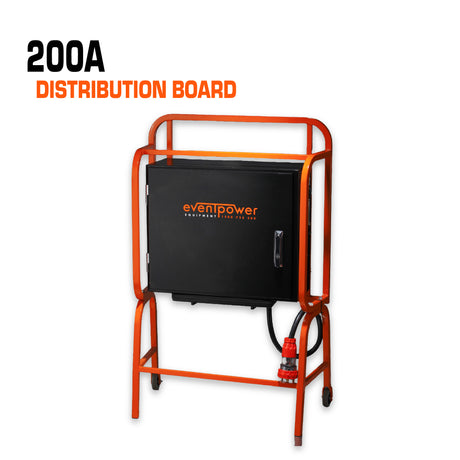 Full-size 200 amp three phase distribution board in orange and black.