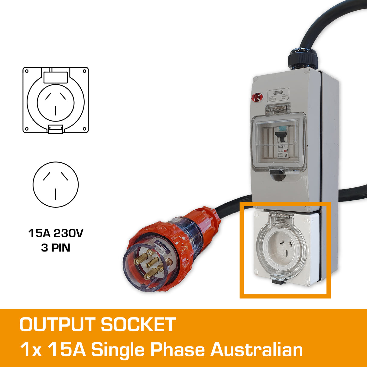 3 Phase to Single Phase Adaptor - 32A 5 Pin to 15A Flat Pin with RCBO