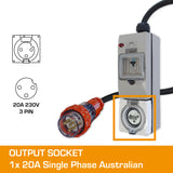 3 Phase to Single Phase Adaptor - 32A 5 Pin to 20A Round Pin with RCBO