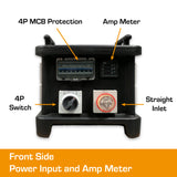 Portable distribution board front side showing switch, amp meter, inlet and MCB protection.