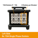 Portable distribution board left side showing six 15 amp outlets.