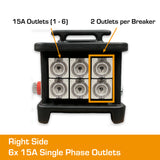 Portable distribution board right side showing six 15 amp outlets.