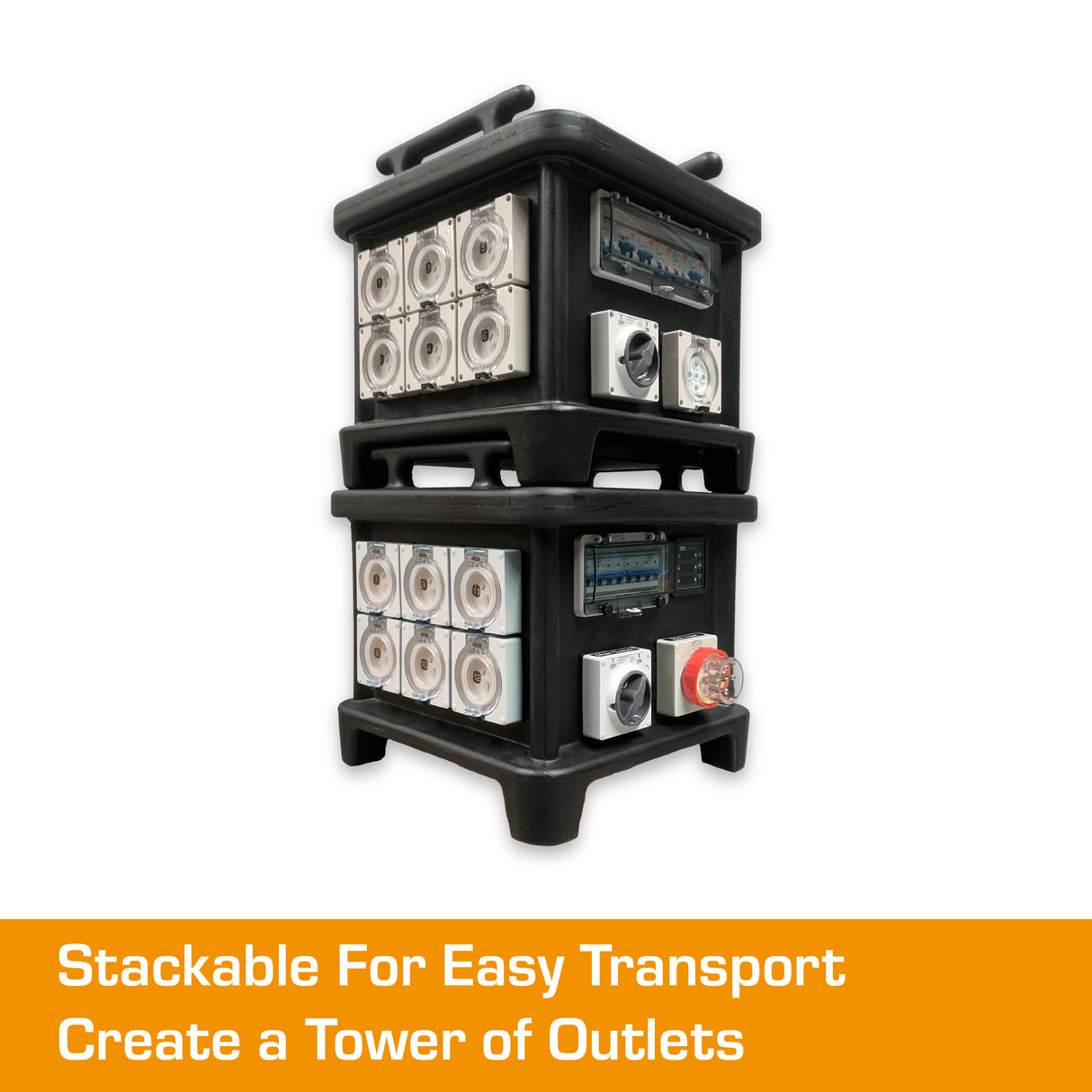 Stackable 32a distribution boards displayed with two units stacked.