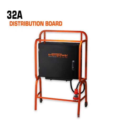 Full-size 32 amp three phase distribution board in orange and black.