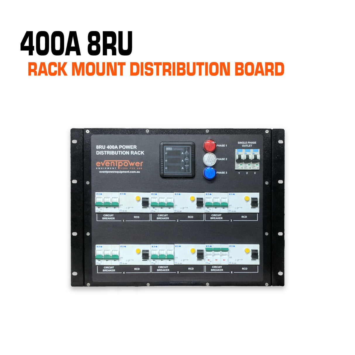8RU 400A Rack Mount Board (6x50A RCD & 3x20A + PowerLocks Flow Through)