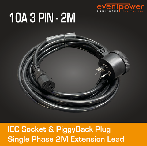 2M 10A IEC socket and Piggyback Plug black cable