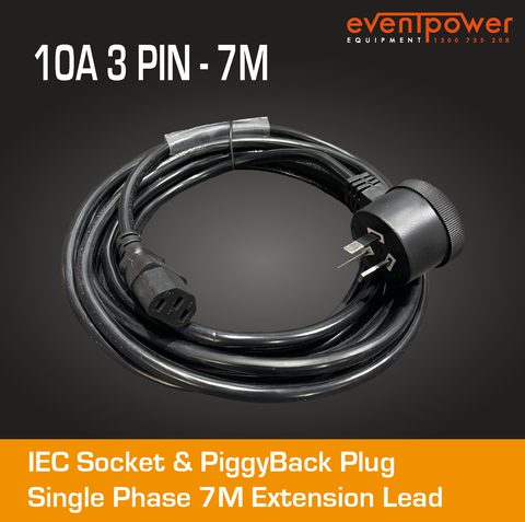 7M 10A IEC socket and Piggyback Plug black cable