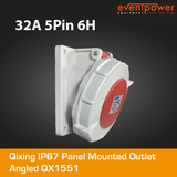 Qixing IP67 Panel Outlet Angled - 32A 5 Pin QX1551
