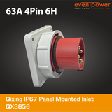 Qixing IP67 Panel Mounted Inlet - 63A 4 Pin QX3656