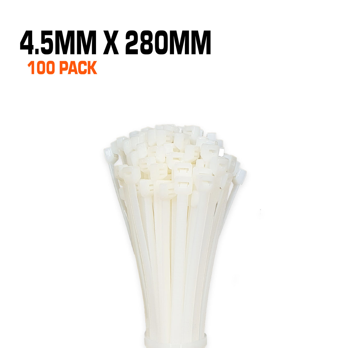 White cables ties 4.5mm wide 280mm long 100 pack.