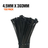 Black cables ties 4.5mm wide 360mm long 100 pack.