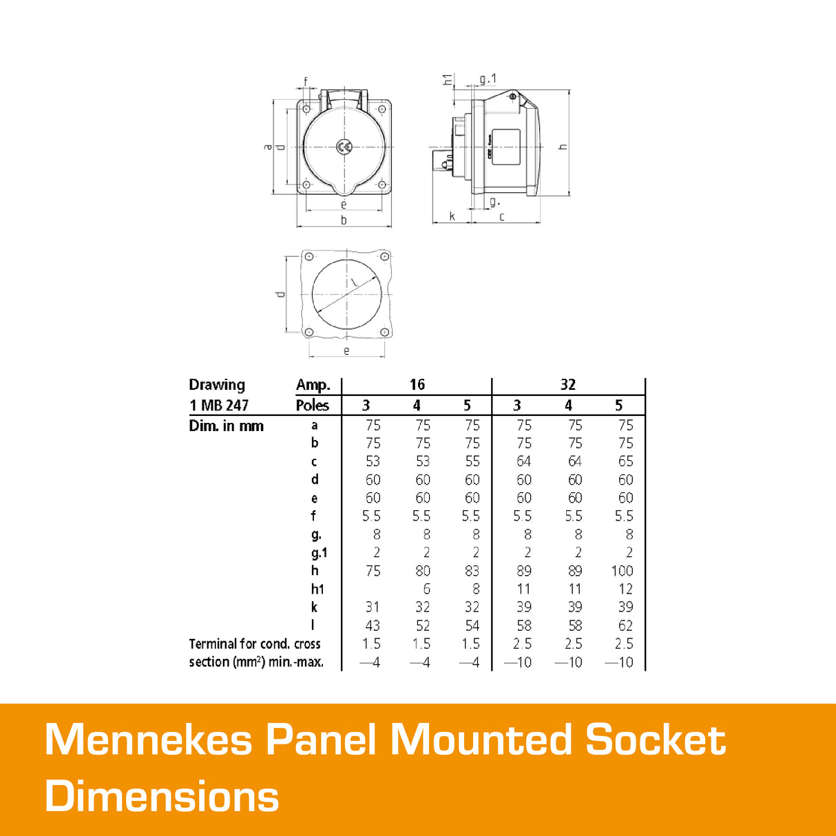 MENNEKES 16A Panel Mounted Socket 3 PIN IP44