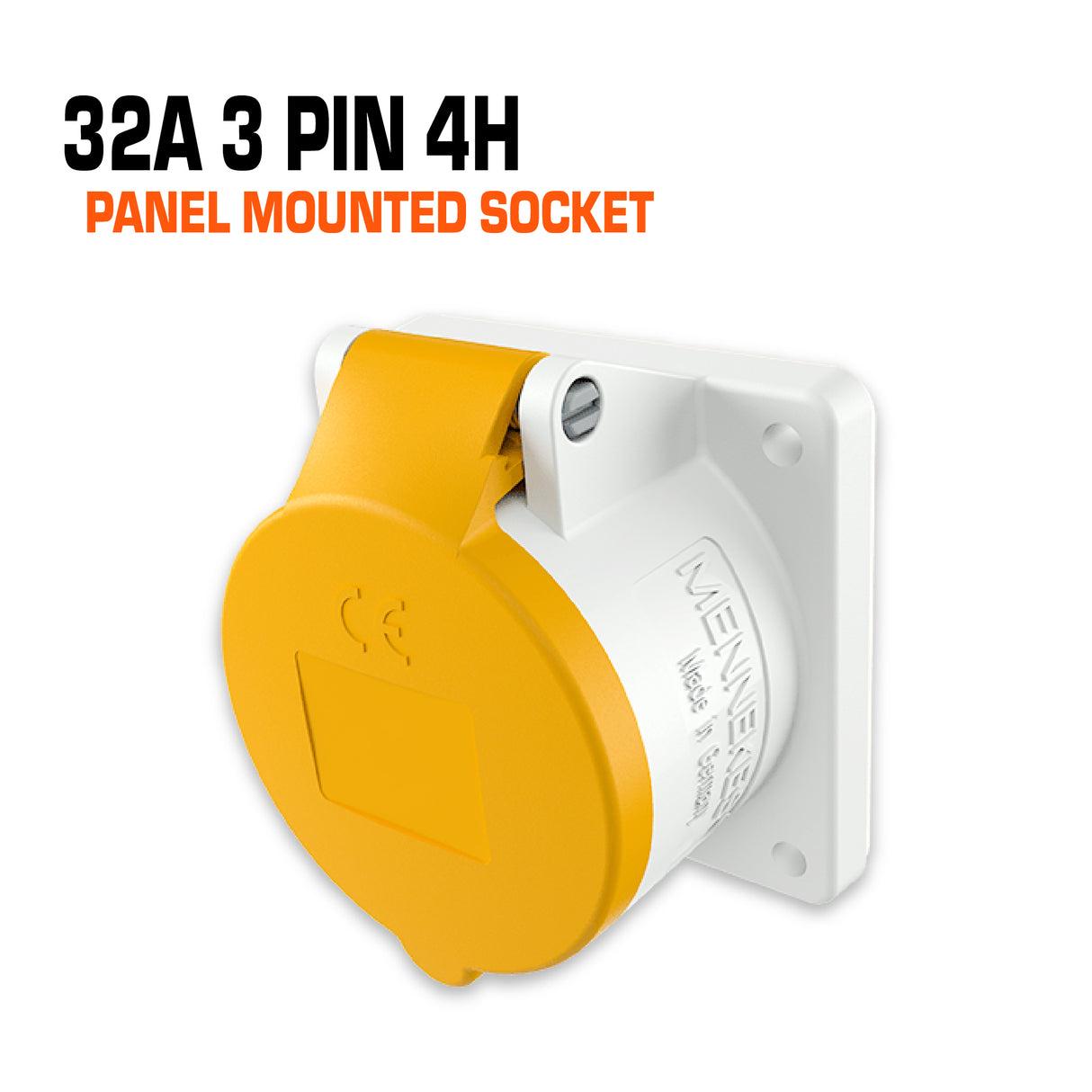 Mennekes 32 amp 3 pin yellow panel mounted socket.