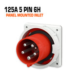 Mennekes 125 amp 5 pin 6h red panel mounted inlet.