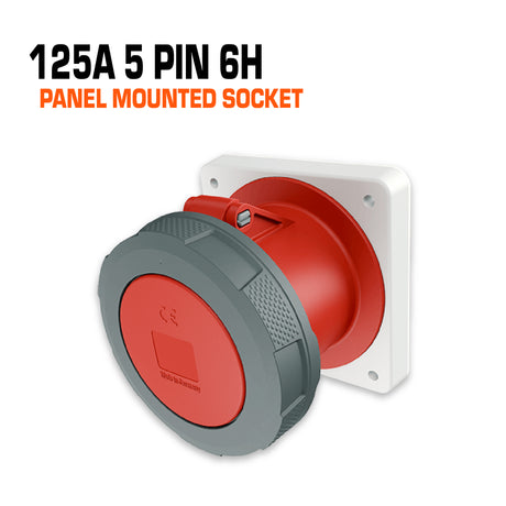 Mennekes 125 amp 5 pin 6h red panel mounted socket.