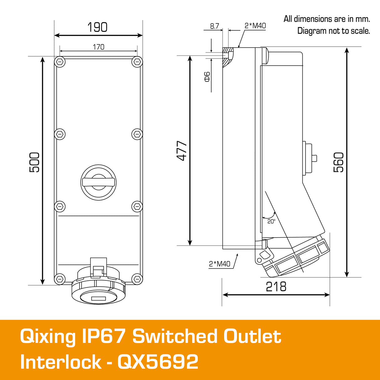 Qixing IP67 Interlocked Switched Socket Outlet - 125A 5 Pin QX5692