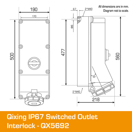 Qixing IP67 Interlocked Switched Socket Outlet - 125A 5 Pin QX5692