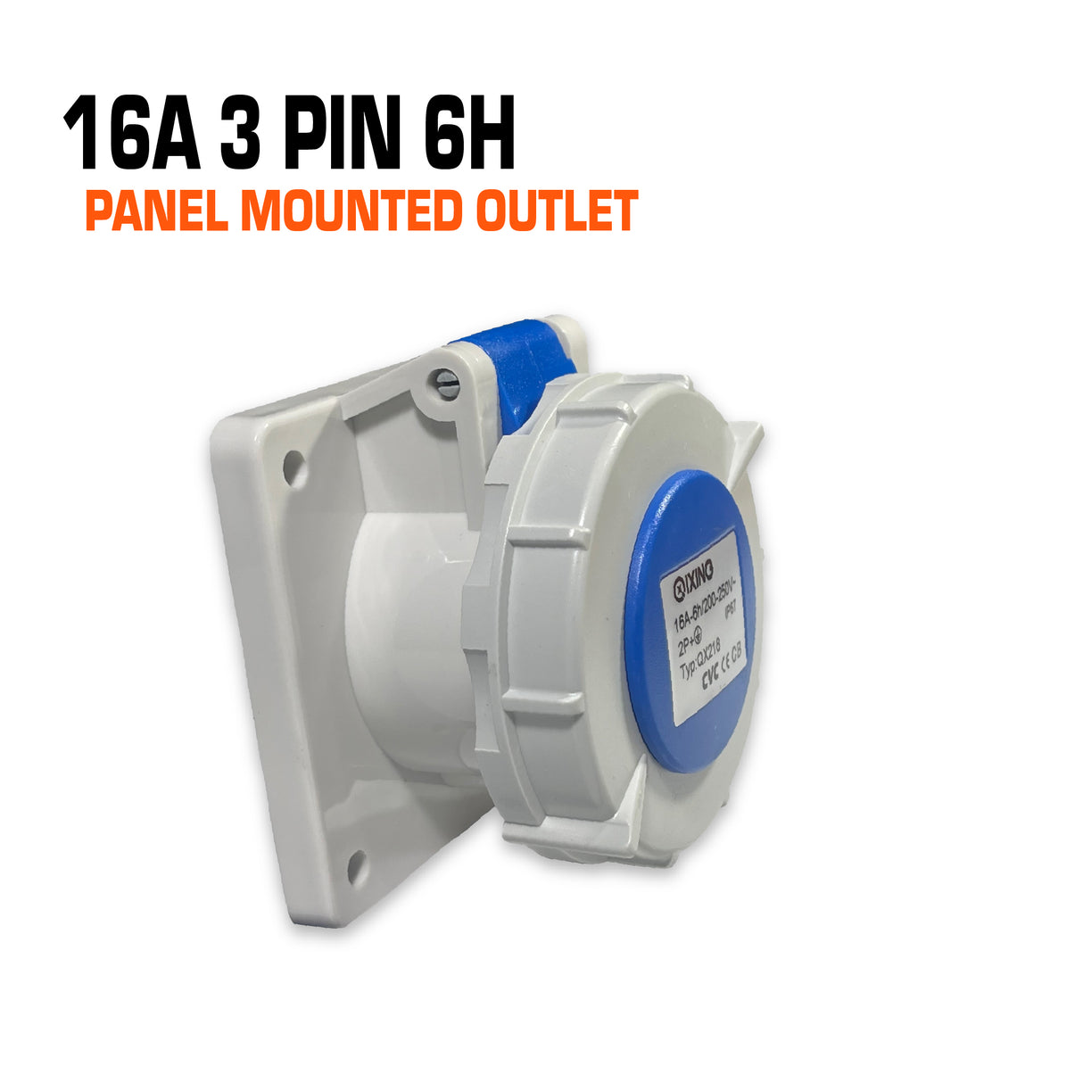 Qixing 16 amp 3 pin blue panel mounted outlet.