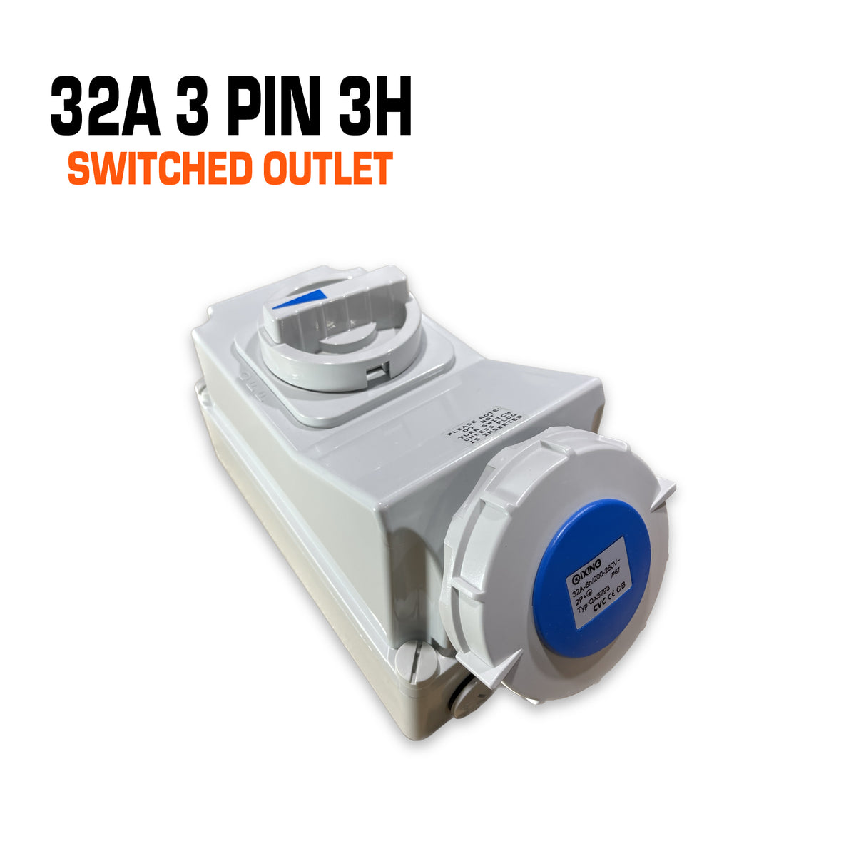 Qixing 32 amp 3 pin blue switched outlet.