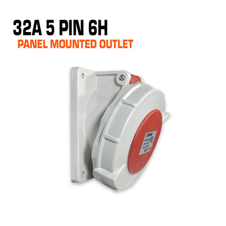 Qixing 32 amp 5 pin red panel mounted outlet.