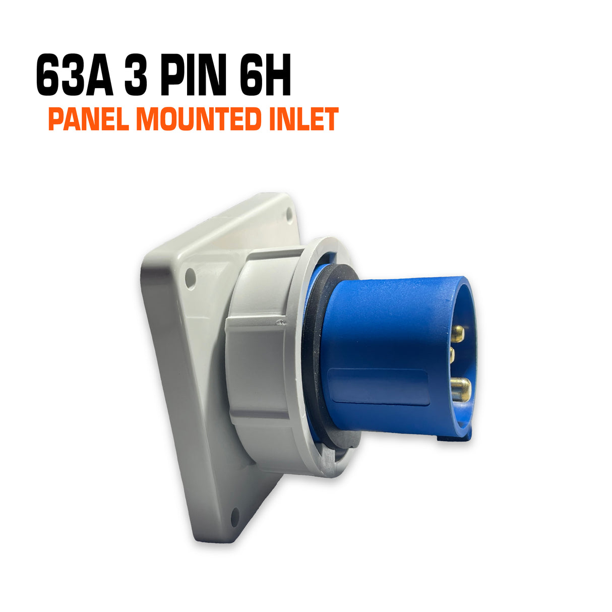 Qixing 63 amp 3 pin blue panel mounted inlet.