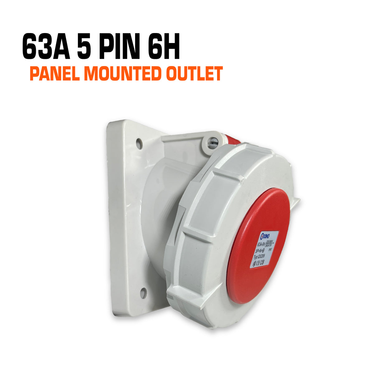 Qixing 63 amp 5 pin red angled panel mounted outlet.