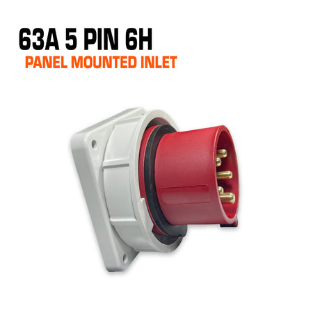 Qixing 63 amp 5 pin red panel mounted inlet.