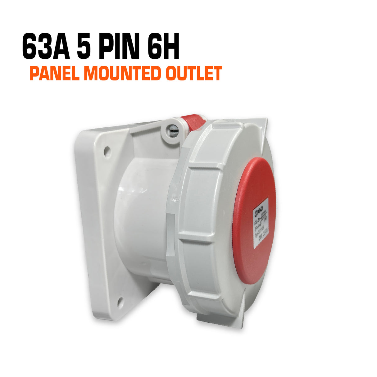 Qixing 63 amp 5 pin red panel mounted outlet.