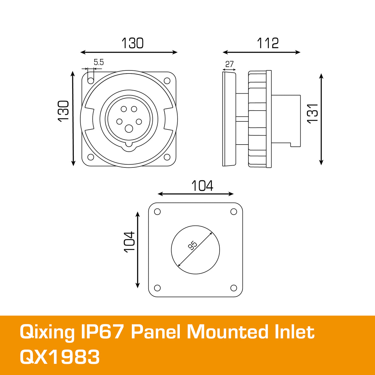 QIXING IP67 Panel Mounted Inlet - 125A 5 Pin QX1983