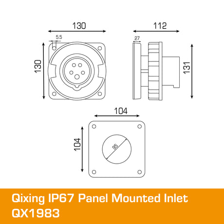 QIXING IP67 Panel Mounted Inlet - 125A 5 Pin QX1983