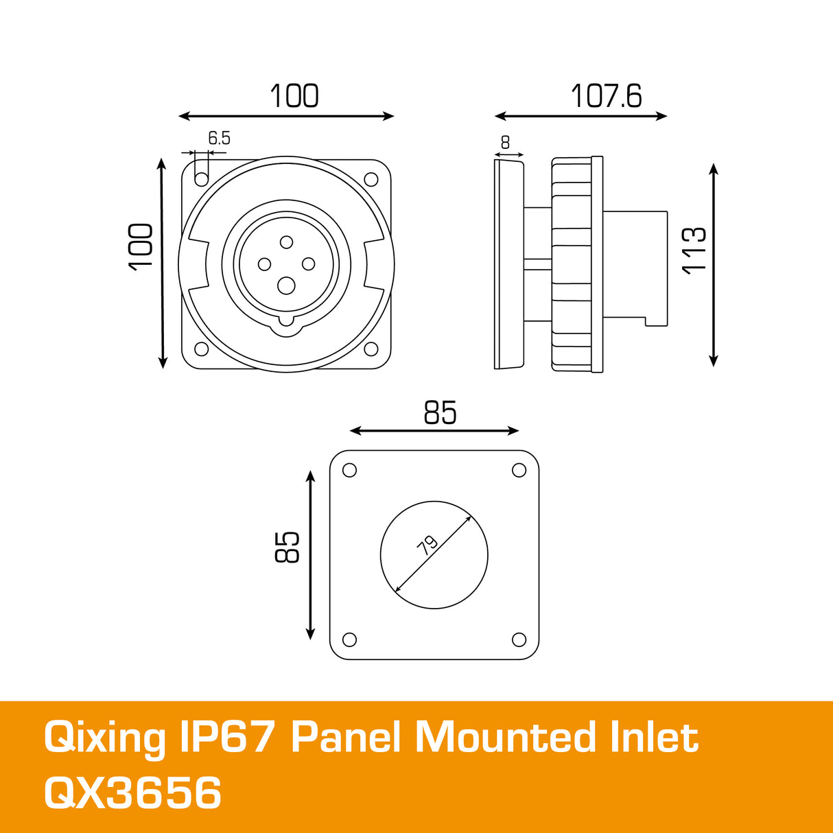 QIXING IP67 Panel Mounted Inlet - 63A 4 Pin QX3656