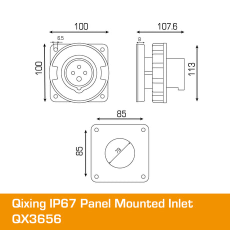 QIXING IP67 Panel Mounted Inlet - 63A 4 Pin QX3656