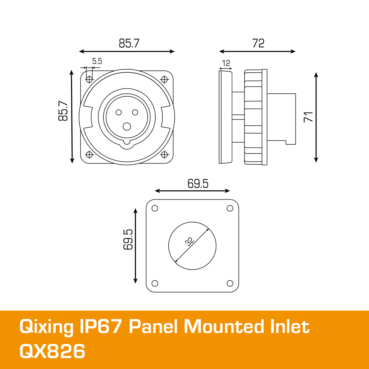 QIXING IP67 Panel Mounted Inlet - 16A 3 Pin QX826