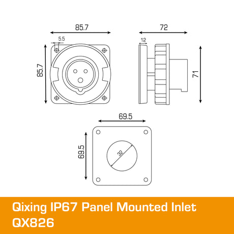 QIXING IP67 Panel Mounted Inlet - 16A 3 Pin QX826