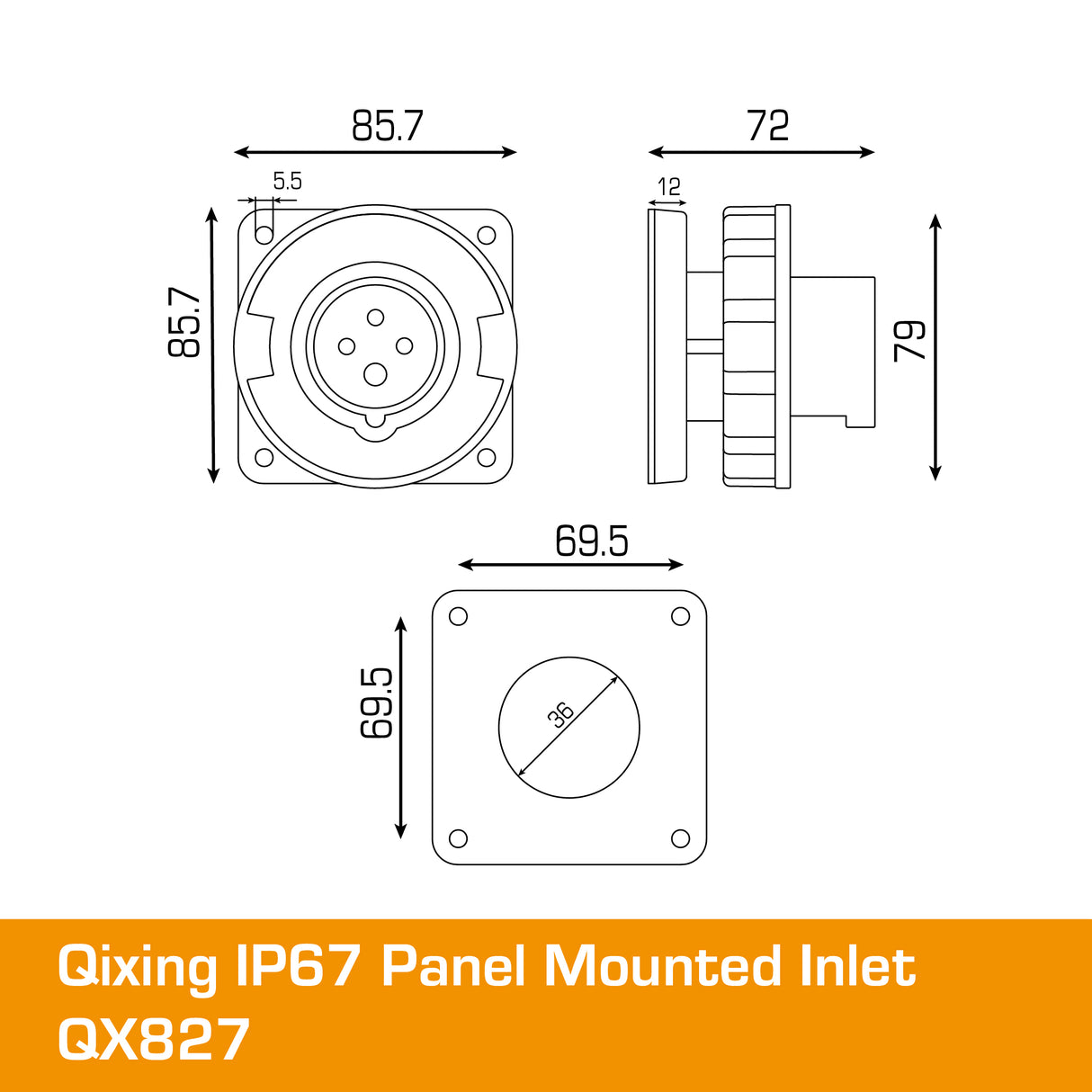 QIXING IP67 Panel Mounted Inlet - 16A 4 Pin QX827