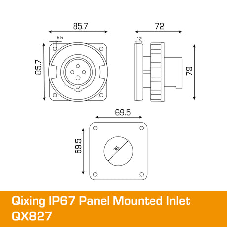 QIXING IP67 Panel Mounted Inlet - 16A 4 Pin QX827