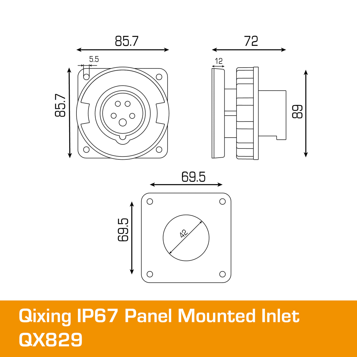 QIXING IP67 Panel Mounted Inlet - 16A 5 Pin QX829