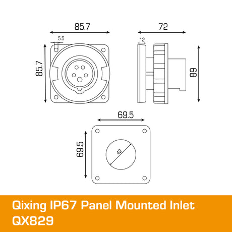 QIXING IP67 Panel Mounted Inlet - 16A 5 Pin QX829